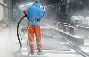 Proses sandblasting pada permukaan logam oleh teknisi profesional